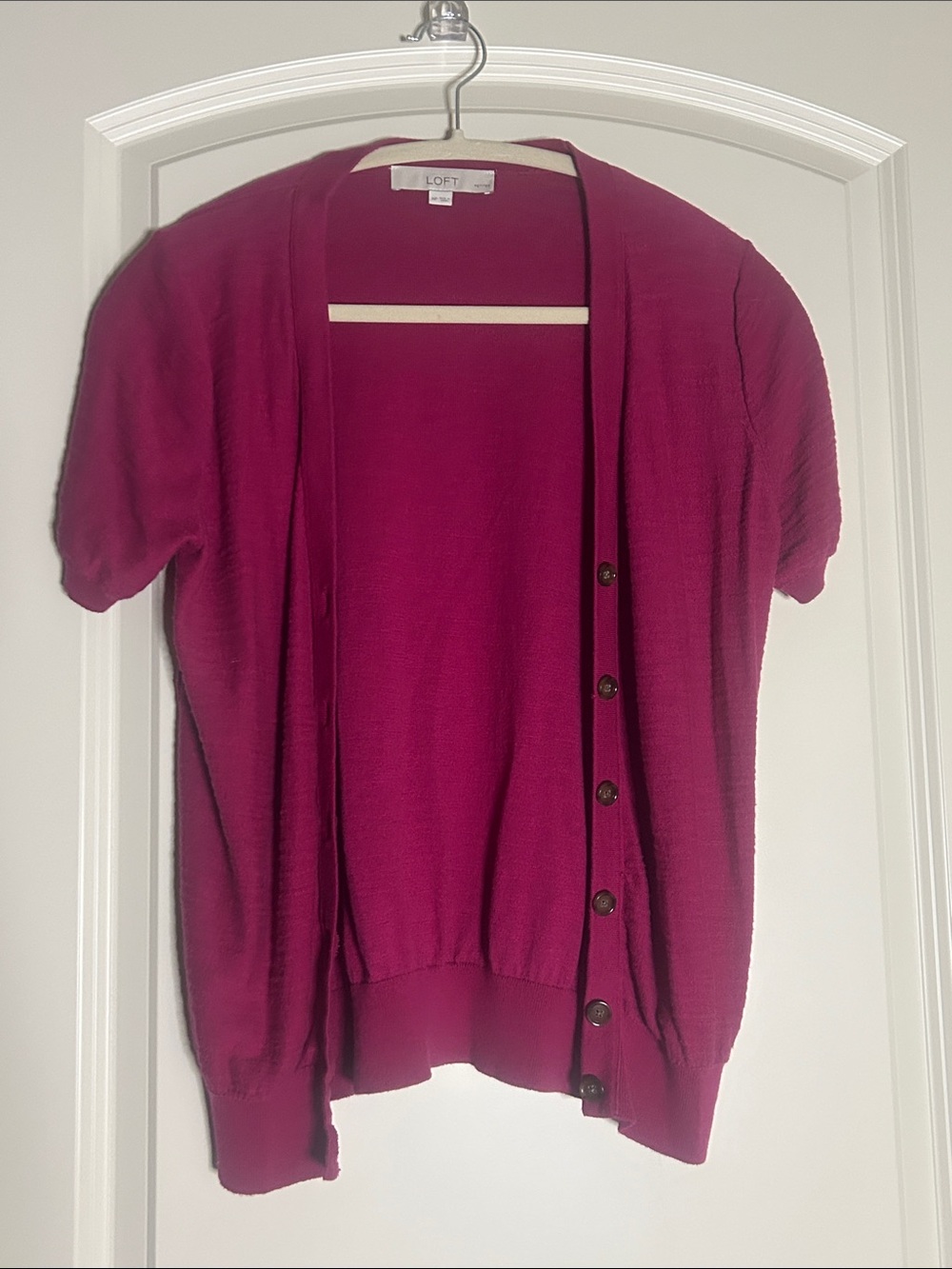 LOFT Magenta Short Sleeve Button Cardigan